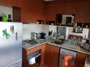 uma cozinha com um lavatório e um fogão forno superior em Delpino Propiedades Sector Casino em Viña del Mar