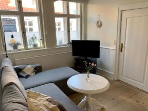 a living room with a couch and a tv at Ribe Sønderport Bed & Kitchen in Ribe
