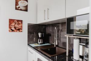 cocina con fregadero y encimera en SK Apartments - Blue en Gelsenkirchen