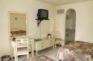 - une chambre avec un bureau, une télévision et un lit dans l'établissement El Dorado Inn, à Delicias