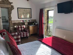 ウィットビーにあるFolly Hall Farmのベッドと椅子とテレビのある寝室