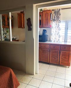 a kitchen with wooden cabinets and a counter top at Beach Vue Barbados in Bridgetown