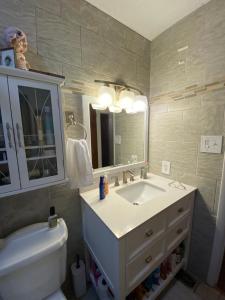 a bathroom with a sink and a mirror and a toilet at Our Home, Your Home in Black Mountain