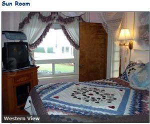a bedroom with a bed and a tv and a window at Breyhouse B&B in Lincoln City