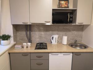 a small kitchen with a sink and a microwave at Raudondvario II in Kaunas