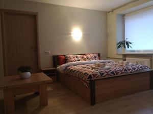 1 dormitorio con cama, mesa y ventana en Raudondvario II en Kaunas