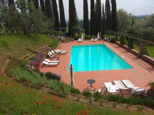 a swimming pool with chaise lounges and chairs around it at Agriturismo Macciangrosso Casale Piccolomini in Chiusi