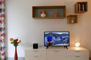 a tv sitting on a dresser in a living room at BaskoParadis I Apt I Spacieux I Douillet I Coloré I Lit 160 I Terrasse I Patio in Cambo-les-Bains