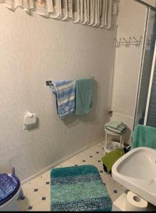a bathroom with a sink and a toilet and towels at Ferienwohnung Cziesla in Bad Sachsa