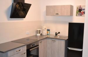 eine Küche mit einer Spüle und einer Arbeitsplatte in der Unterkunft Ferienwohnung Krone in Sankt Johann
