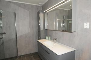 a bathroom with a sink and a shower at Romsdalseggen Lodge in Isfjorden +19 photos