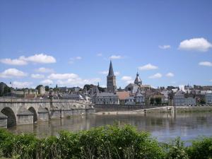 a city with a bridge over a river and a city at Maison de la Loire in La Charité-sur-Loire