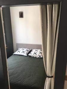 um quarto com uma cama com uma cortina em Coeur de ville, joli 2 pieces au 1er étage, Wifi ! em Chartres