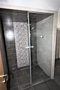 um chuveiro com uma porta de vidro na casa de banho em villa barisic em Drnis