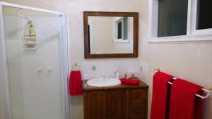 a bathroom with a sink and a shower with red towels at Cleggett Estate in Gisborne