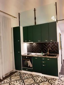 Una cocina con gabinetes verdes y un fregadero. en Danube Elegance Apartment, en Budapest