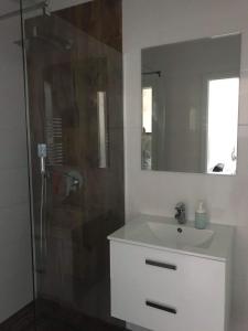 a bathroom with a sink and a shower with a mirror at ApartamentLeśna12Hel in Hel