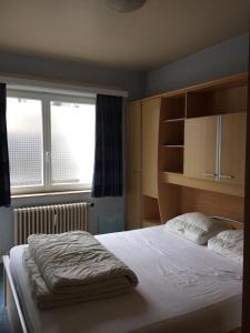 een slaapkamer met een groot bed en een raam bij Apartment Hertstraat in Oostende