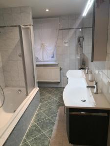 a bathroom with a sink and a shower and a tub at Ferienwohnung Rampitz in Rampitz