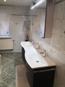 a bathroom with a white sink and a mirror at Ferienwohnung Rampitz in Rampitz