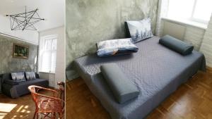 リヴィウにあるКвартира ЛОФТ во Львовеのベッドルーム1室(枕付きのベッド1台、椅子付)
