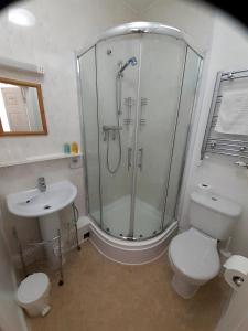 a bathroom with a shower and a toilet and a sink at The Edenhurst Guesthouse in Weymouth