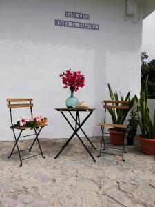 een tafel met een vaas met bloemen erop naast twee stoelen bij Casa Lita in Hermigua