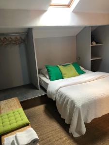 - une chambre dotée d'un lit avec des oreillers verts et jaunes dans l'établissement Charmants appartements centre ville, à Montpellier