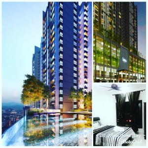 un collage de tres fotos de un edificio en Cityview Homestay Seksyen 13 Shah Alam, Aeon Mall, Stadium, I-City en Shah Alam