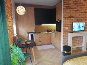 eine kleine Küche mit einem Tisch und einem Kamin in der Unterkunft Gold Apartament in Płock