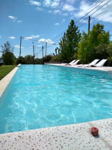 una piscina con agua azul y sillas blancas en Casa Magnolias en Tandil