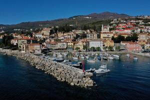 een groep boten is aangemeerd in een haven bij Apartments Komel in Opatija