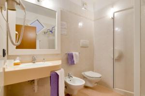 a bathroom with a sink and a toilet and a shower at Affittacamere La Ferrata in San Michele allʼAdige