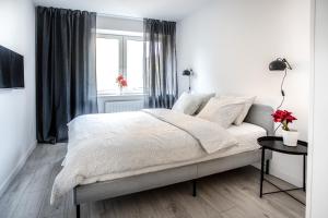 ein weißes Schlafzimmer mit einem Bett und einem Fenster in der Unterkunft Apartament Nadbystrzycka no. 02 in Lublin