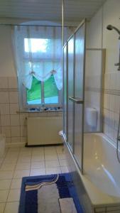 łazienka z prysznicem, wanną i oknem w obiekcie Gästewohnung zum Wohlfühlen w mieście Döbeln