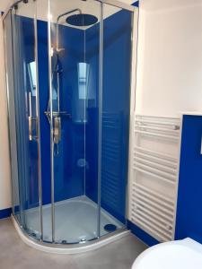 y baño con ducha de cristal y paredes azules. en loft studio avec charme et authenticité en Altkirch