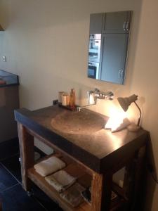een badkamer met een wastafel met een lamp en een spiegel bij De Zevende Hemel in Merendree