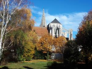 une église avec un clocher en arrière-plan planté d'arbres dans l'établissement Saint-Eusèbe Mansion - Hôtel Particulier St-Eusèbe, à Auxerre