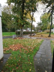 a walkway in a park with leaves on the grass at Rustige, gelijkvloerse vakantiewoning met 2 slaapkamers in Simpelveld, Zuid-Limburg in Simpelveld