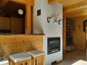 a living room with a fireplace and a tv at Panorama-Chalet Alpenglöckchen in Stadl an der Mur