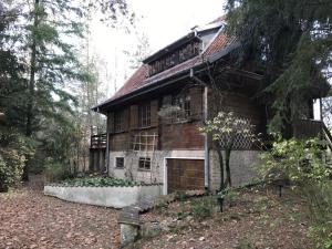Dom na Skraju Lasu في Stoczek Łukowski: منزل خشبي قديم في وسط غابة