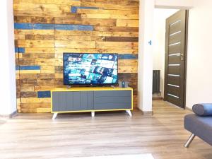 a living room with a tv on a wooden wall at Beautiful 2 Bedroom with BT Sports, WIFI and free parking in Birmingham