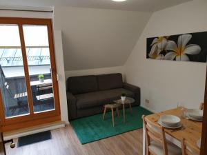 ein Wohnzimmer mit einem Sofa und einem Tisch in der Unterkunft Wohlfühl-Apartment Bad Kissingen III in Bad Kissingen