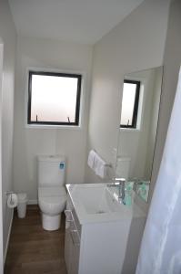 ein Badezimmer mit einem Waschbecken, einem WC und einem Spiegel in der Unterkunft Judges Pool Motel Turangi in Turangi