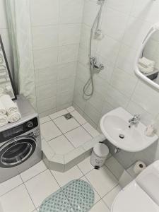 a bathroom with a washing machine and a sink at Kalniečiai park apartment in Kaunas