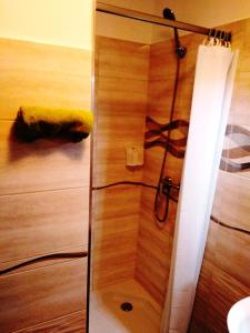 um chuveiro com uma porta de vidro e uma toalha amarela em Tulipán Apartman em Bük