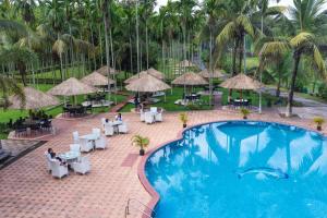 a swimming pool with tables and chairs and palm trees at Zone Niathu Dimapur By The Park in Dimāpur