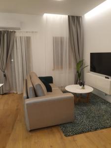 uma sala de estar com um sofá e uma televisão em Smaragdo apartamentai em Kaunas