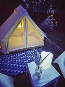 ムアクレクにあるCamp NYS Campsiteのテーブル上の花瓶テント