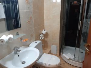 
a bathroom with a toilet and a sink at Hotel Condor in Oraviţa
